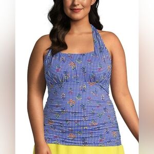LANDS' END | Blue Gingham Botanical Square Neck‎ Floral Halter Tankini Top | 24W